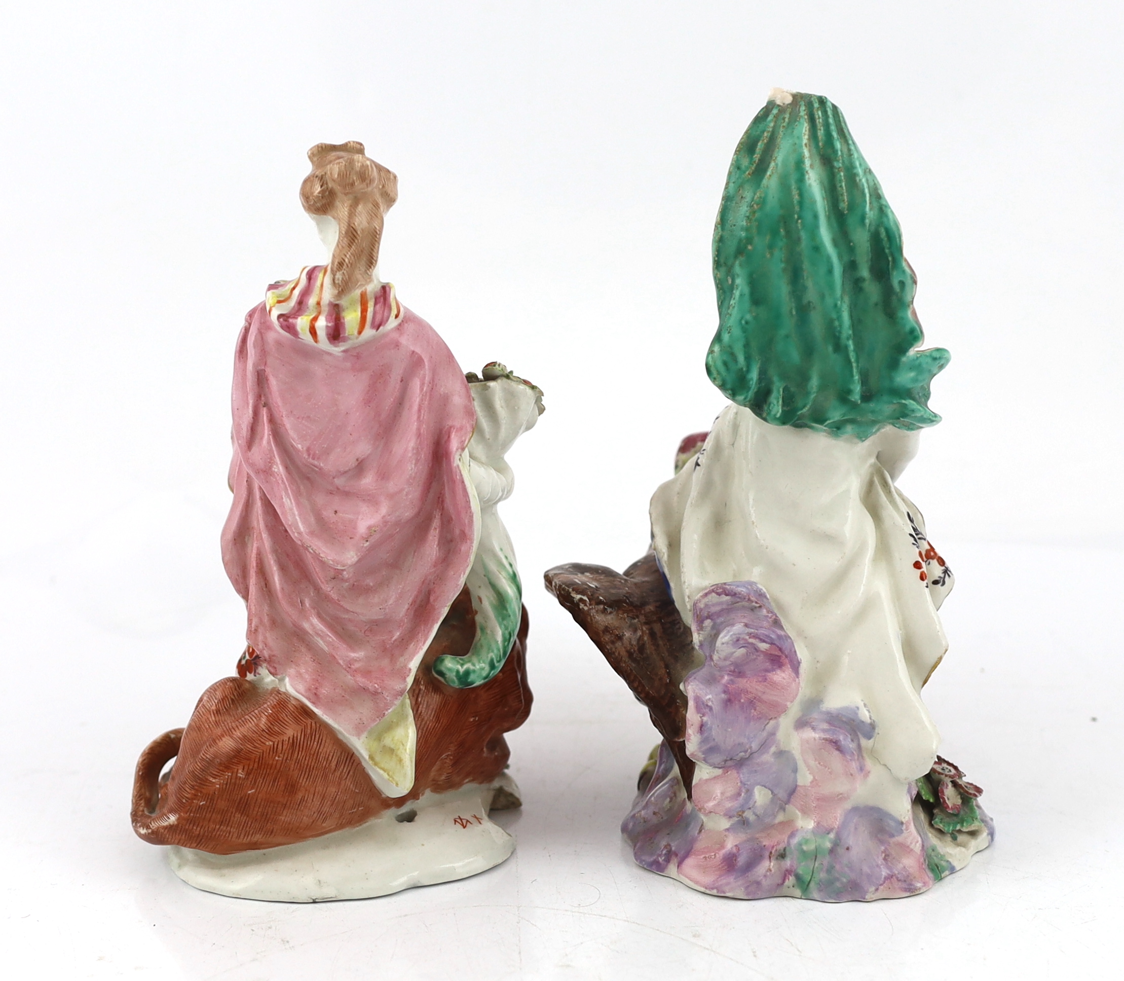 A pair of Bow porcelain groups of Ceres and Juno, c.1758, damage